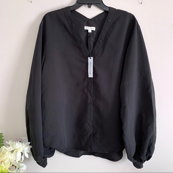 Prologue Women's Black Button Down Long Blouson Sleeve Top - Picture 3 of 8